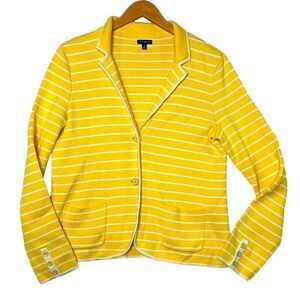 Talbots Womens Sweater Blazer Jacket Medium Yellow Contrast White Trim Knit